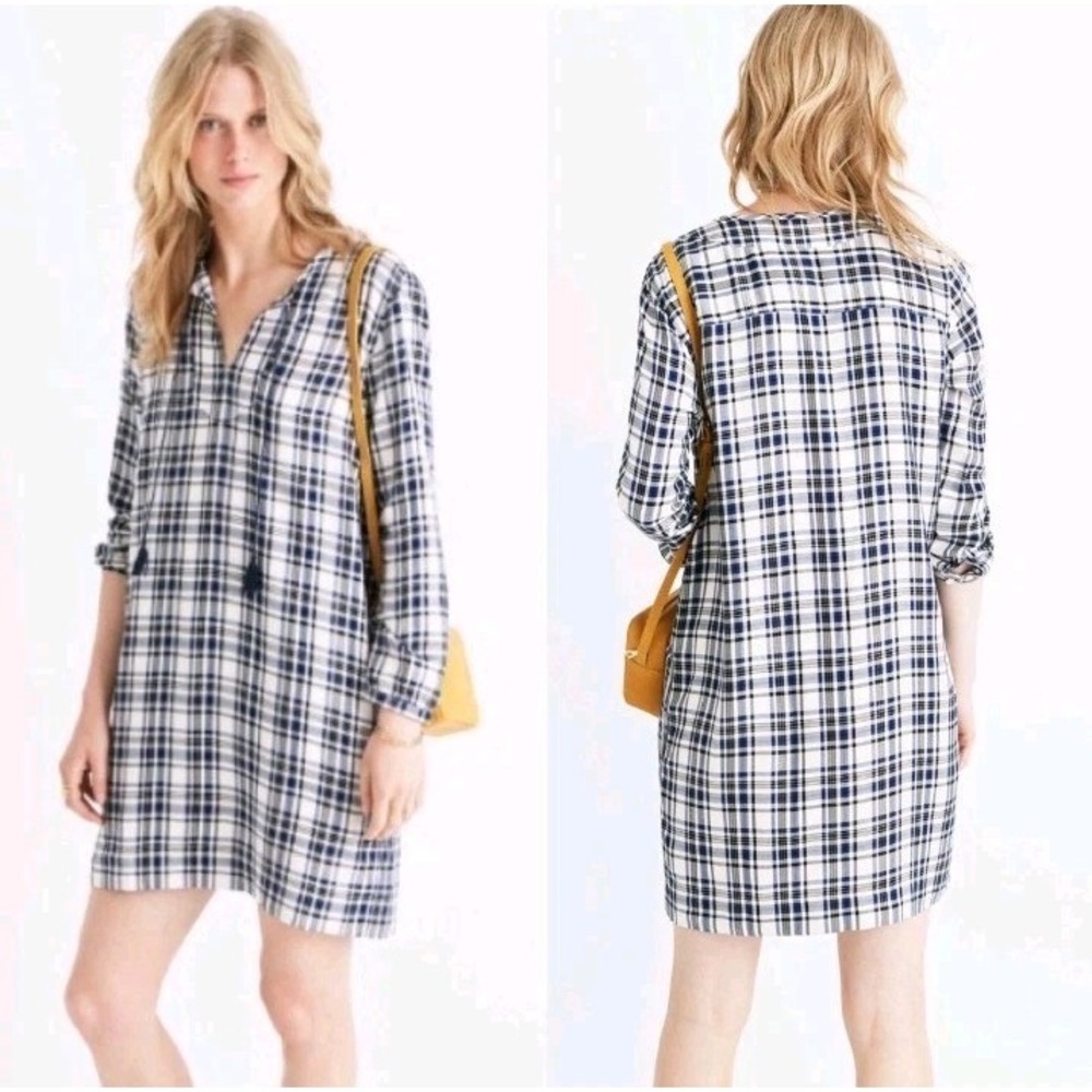 Madewell Plaid Artiste Tunic Shift Dress Long Sleeve Medium Blue White